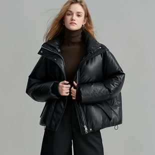 秋冬上新！德M家短款羽绒服秋冬立领pu皮洋气宽松加厚保暖羽绒服