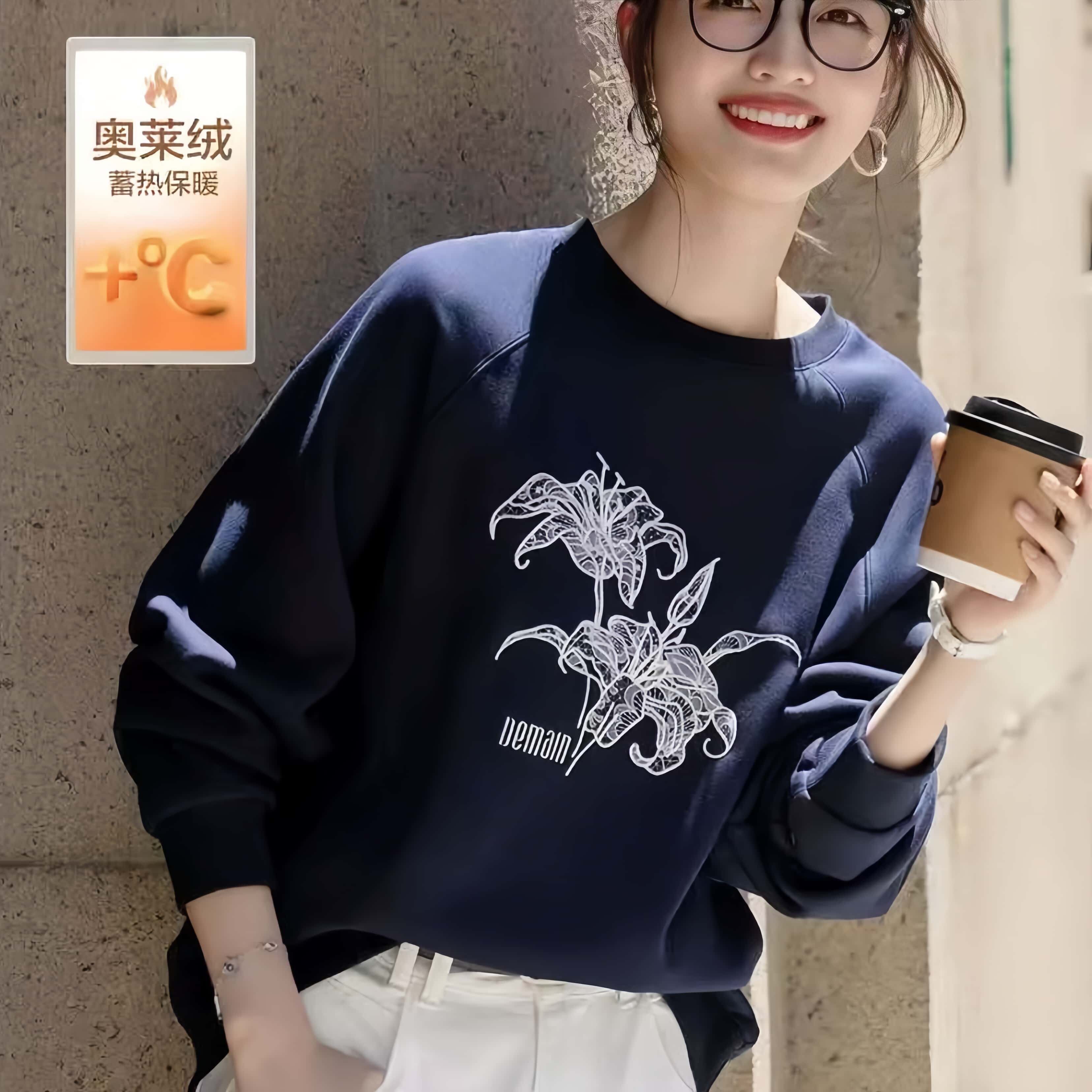 冬上新！德M家350G奥莱绒冬季保暖圆领浪漫绣印花宽松小个子卫衣