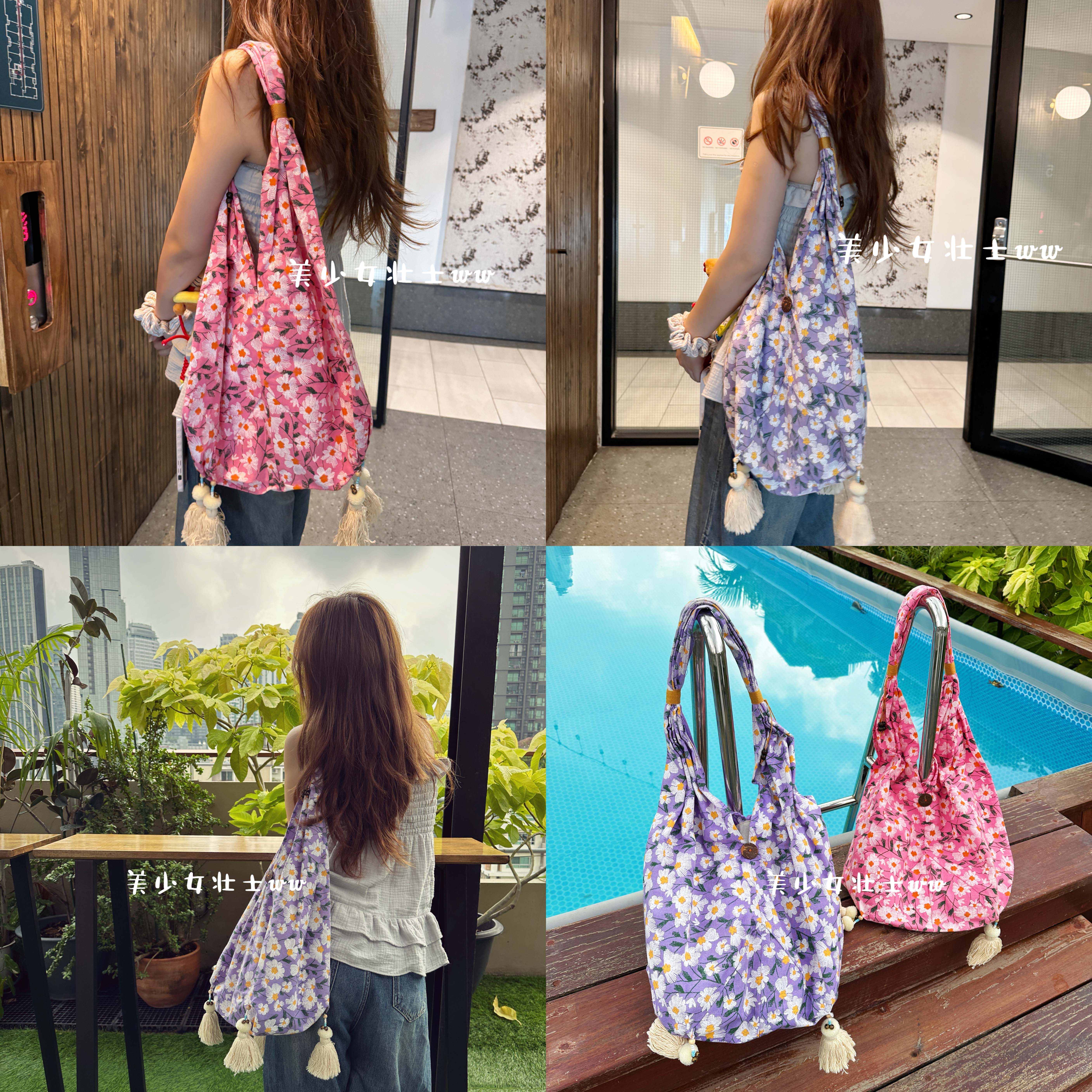 泰国小碎花大容量流苏单肩包 民族风重工手工布包出游包