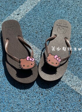 美少女壮士原创 黑皮hellokitty拖鞋人字拖外穿海边软底凉鞋女