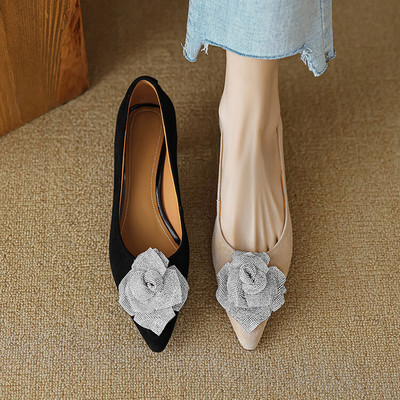 浅口单鞋细跟气质镶钻花朵女鞋