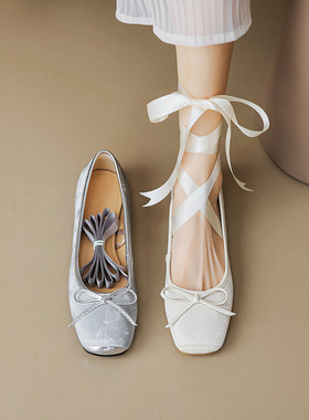 SIX MADDEN2024春季女鞋平底晚晚鞋方头绸面芭蕾舞两穿单鞋SMC179