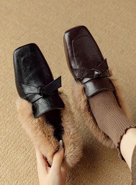 SIX MADDEN2024冬季女鞋粗跟豆豆鞋乐福鞋加绒毛毛鞋单鞋女SMC402