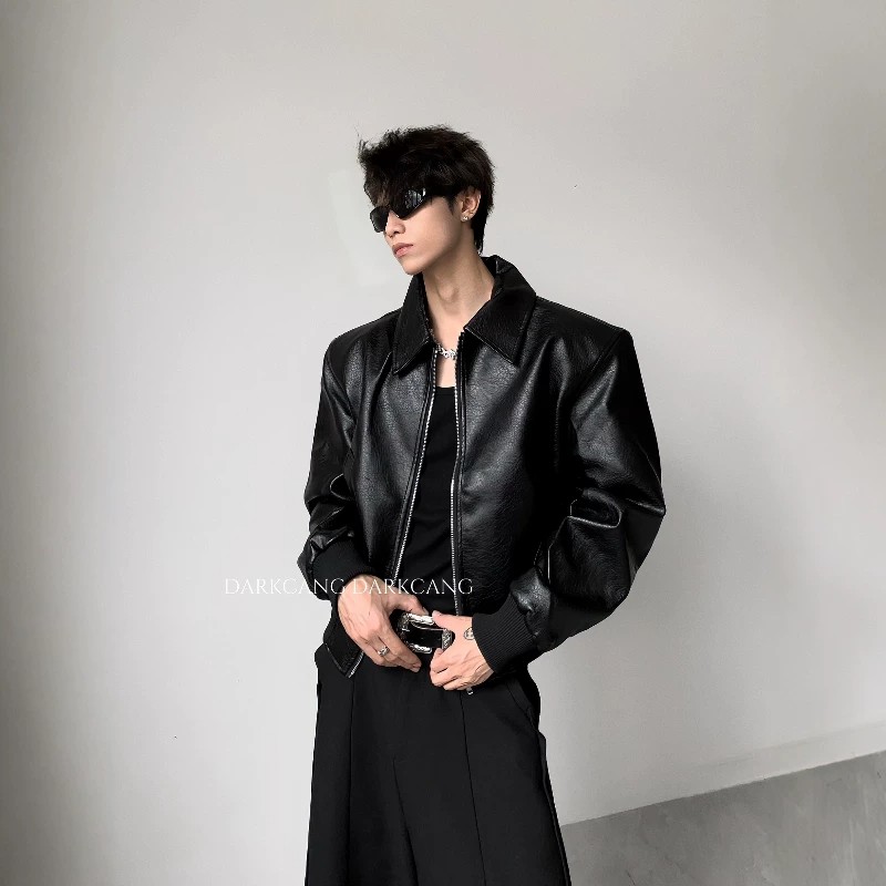 裂纹设计感短款垫肩皮衣外套男图片
