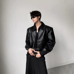 美式复古轻奢裂纹设计感短款垫肩皮衣外套男高级感cleanfit夹克潮
