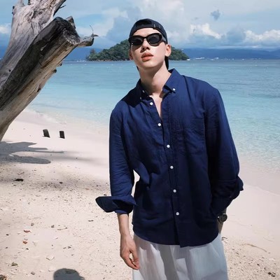 藏青色亚麻长袖衬衫男夏季薄款