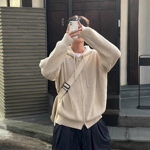 双拉链连帽毛衣外套男秋冬韩版潮流宽松慵懒风cleanfit针织衫上衣