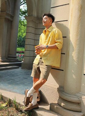 暖柠黄亚麻混纺天丝长袖衬衫男