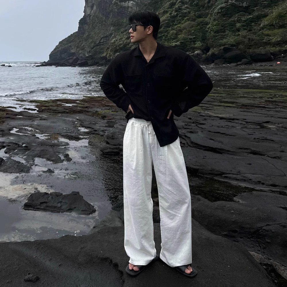 亚麻直筒休闲白色裤子男春夏季宽松阔腿长裤韩版潮流慵懒风拖地裤