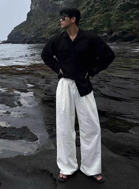 亚麻直筒休闲白色裤子男春夏季宽松阔腿长裤韩版潮流慵懒风拖地裤