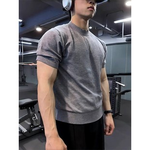 cleanfit灰色冰丝针织短袖男夏季老钱风健身运动穿搭小高领t恤潮