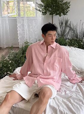 粉色棉麻长袖衬衫男夏季轻薄透气