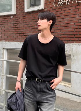 纯色低圆领短袖T恤男夏季小众