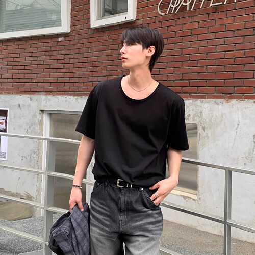 纯色低圆领短袖T恤男夏季小众
