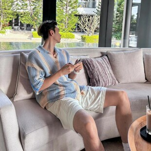 小清新cleanfit新贵撞色针织衬衫男夏季新款宽松短款翻领海边短袖