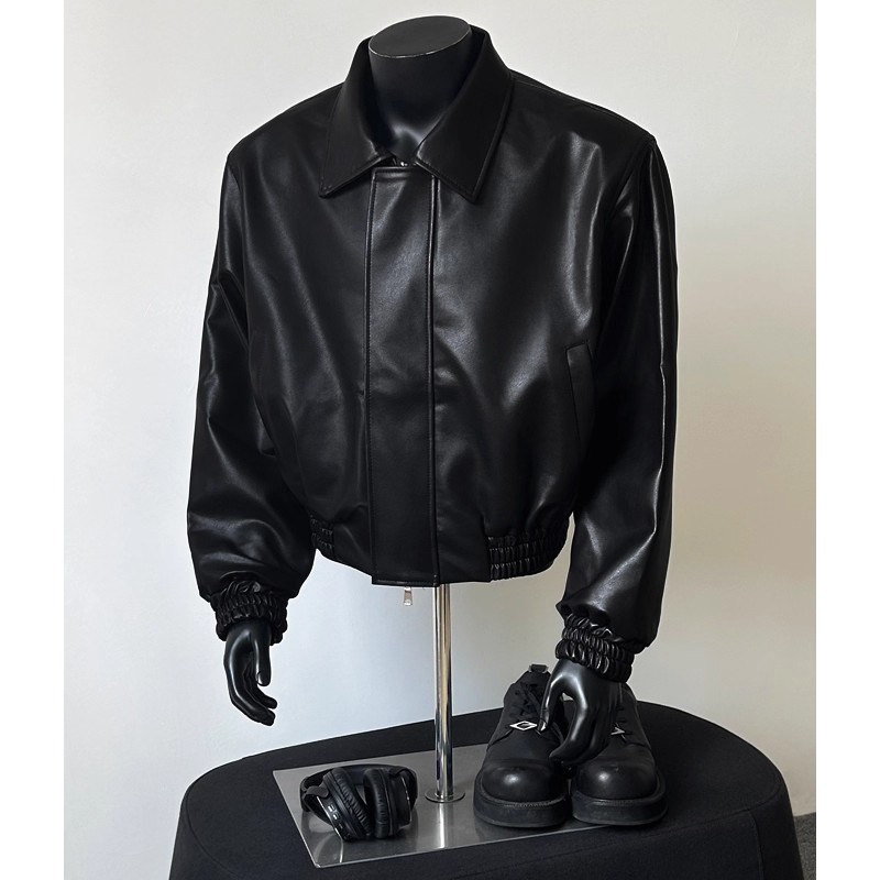 美式复古短款垫肩皮衣外套男秋冬