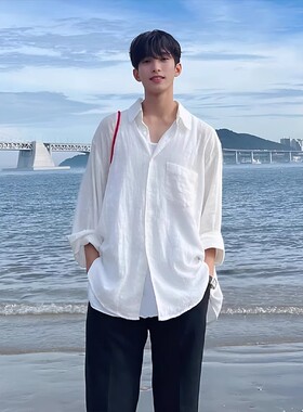 白色透气棉亚麻衬衫男高级感夏季薄款防晒外套慵懒松弛感长袖衬衣