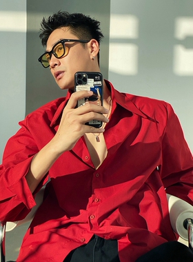 本命年红色尖领衬衫男高级感韩版潮流ins痞帅宽松设计感工装衬衣