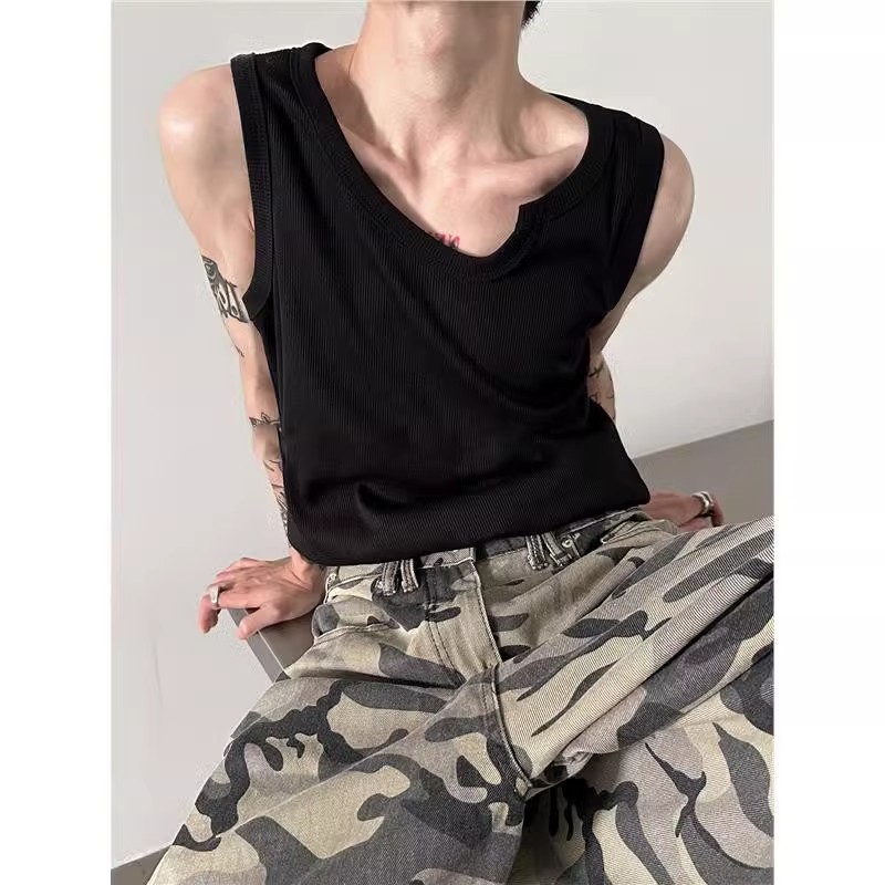 高级感凹凸领螺纹背心男夏季小众