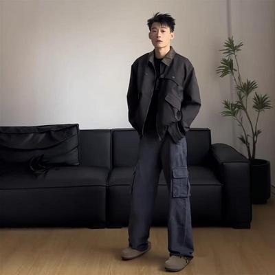 高级感复古翻领拼色短款外套男