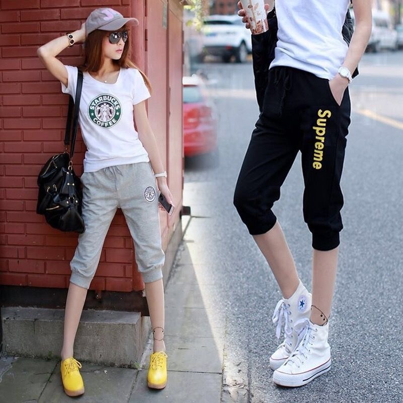 纯棉薄款宽松运动七分裤女夏季宽松休闲中裤少女短裤大码哈伦马裤