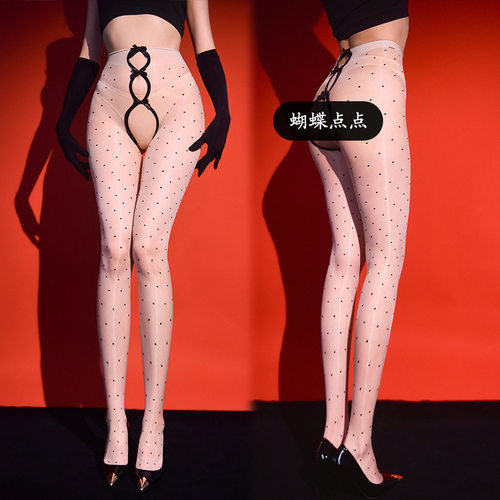 5D极光油亮波点黑丝袜超薄美腿袜夏季性感纯欲圆点开档少女连裤袜