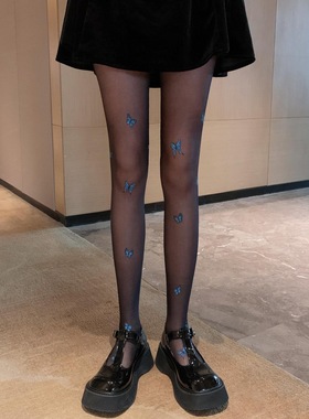 网红ins潮蓝色蝴蝶结丝袜女纯欲风JK黑丝薄款连裤袜性感防勾袜子