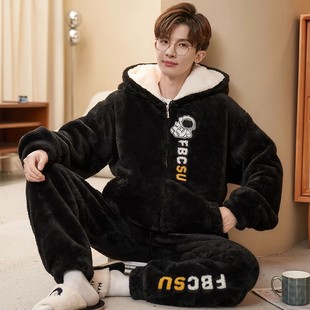 男士冬天家居服睡衣套装珊瑚绒加绒加厚青少年秋冬新款保暖可外穿