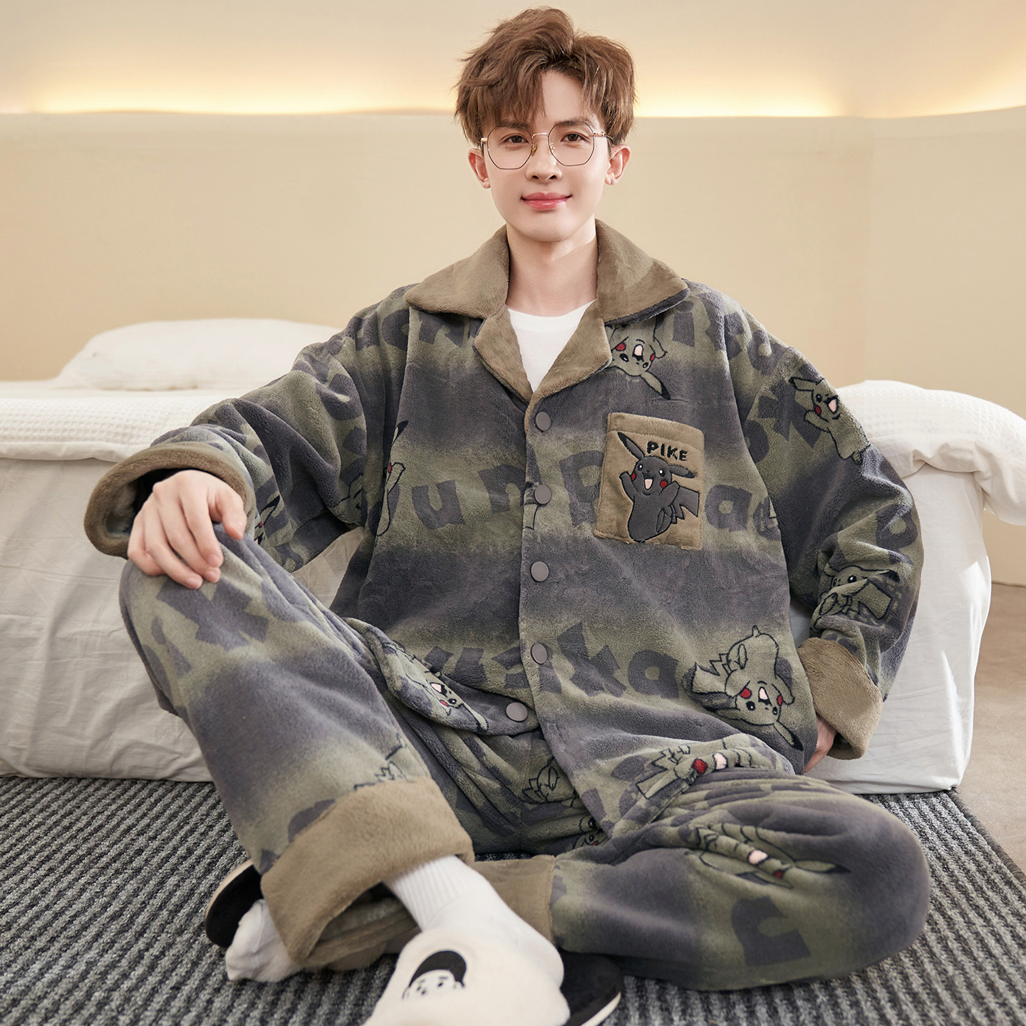 2025新款秋冬男士珊瑚绒睡衣加厚