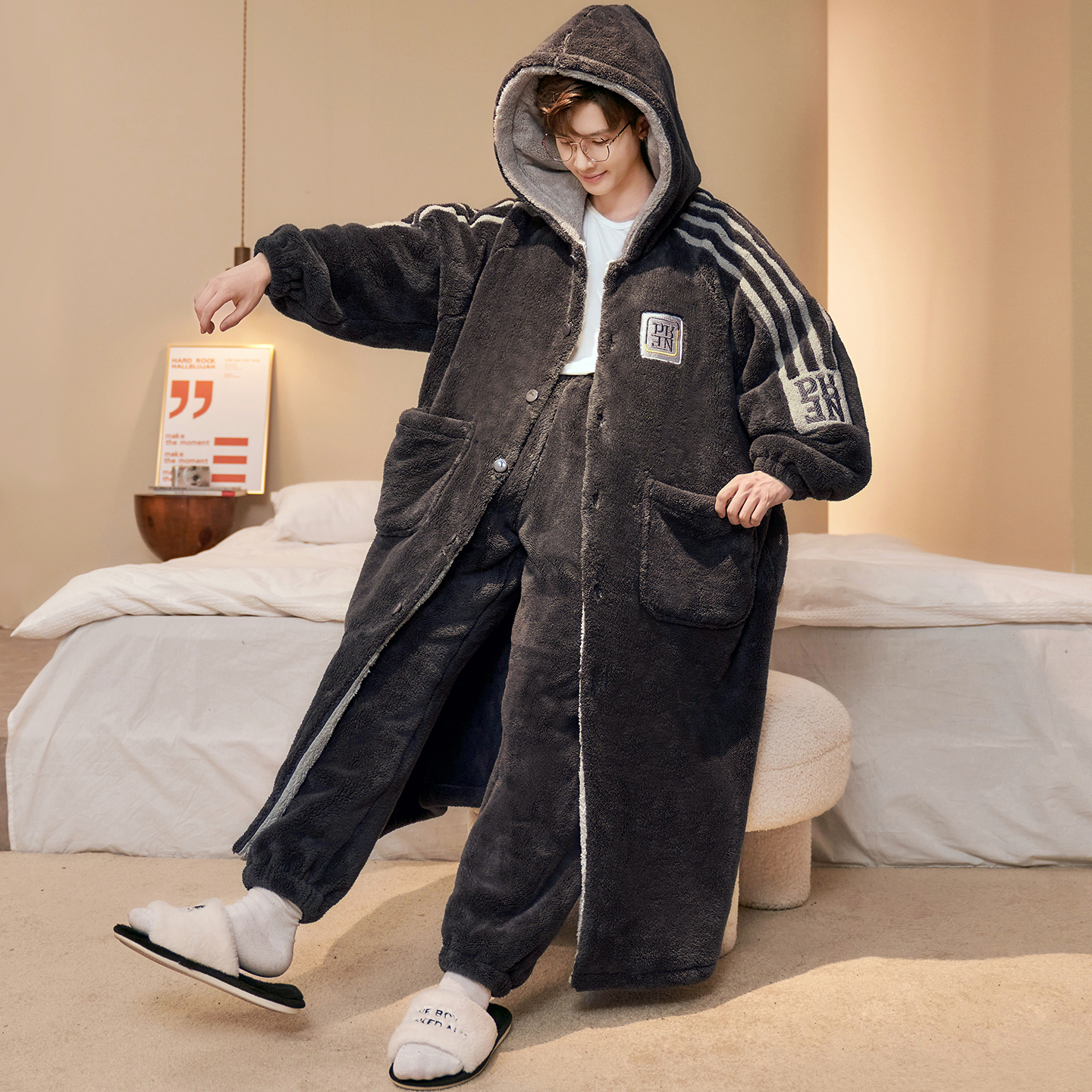 男士睡袍睡衣加绒加厚2025年新款秋冬季珊瑚绒保暖浴袍青少年套装