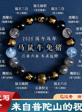 普陀五行手串属水三合六合财神本命年12生肖水晶手链黑曜石海蓝宝