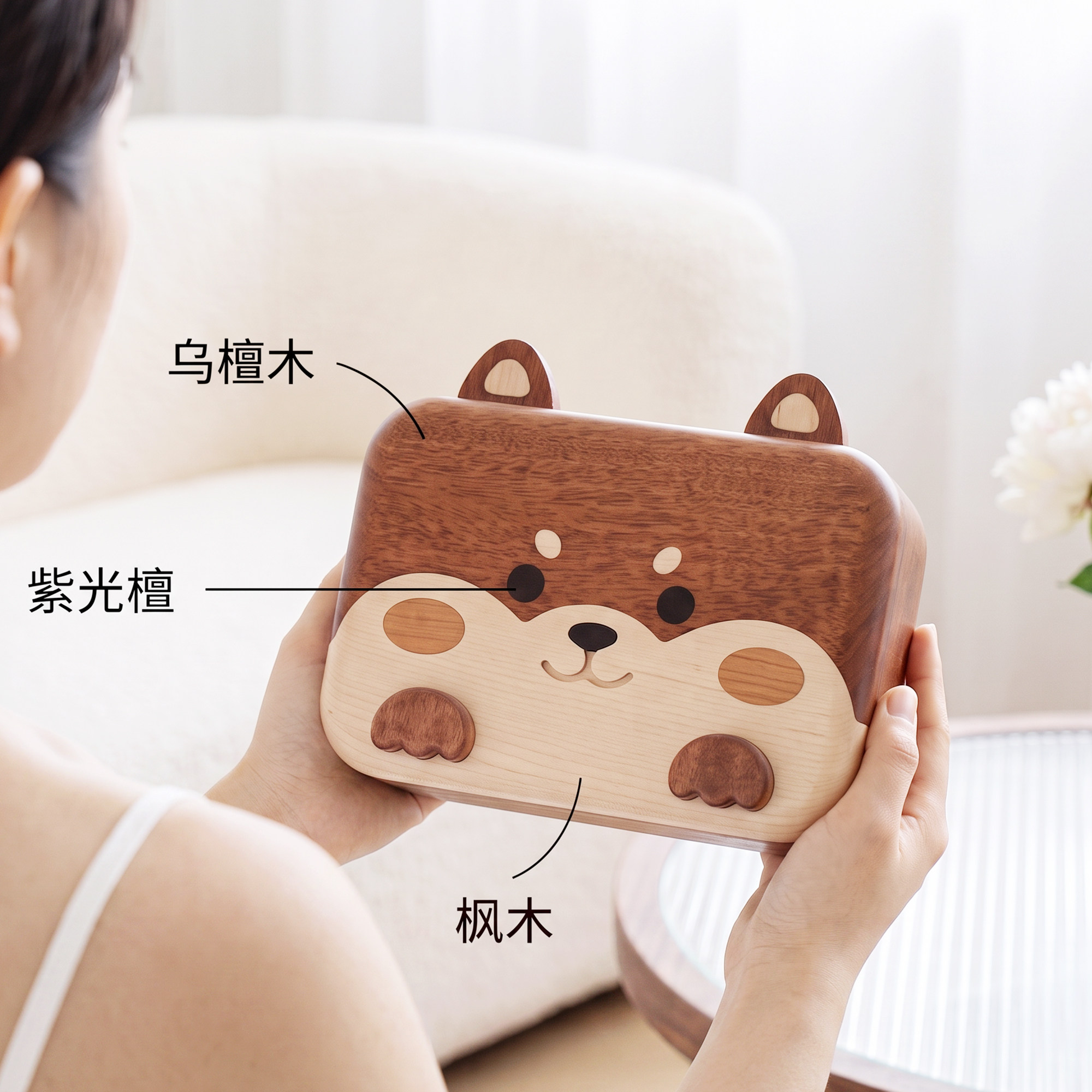 实木柴犬可爱桌面纸巾盒图片