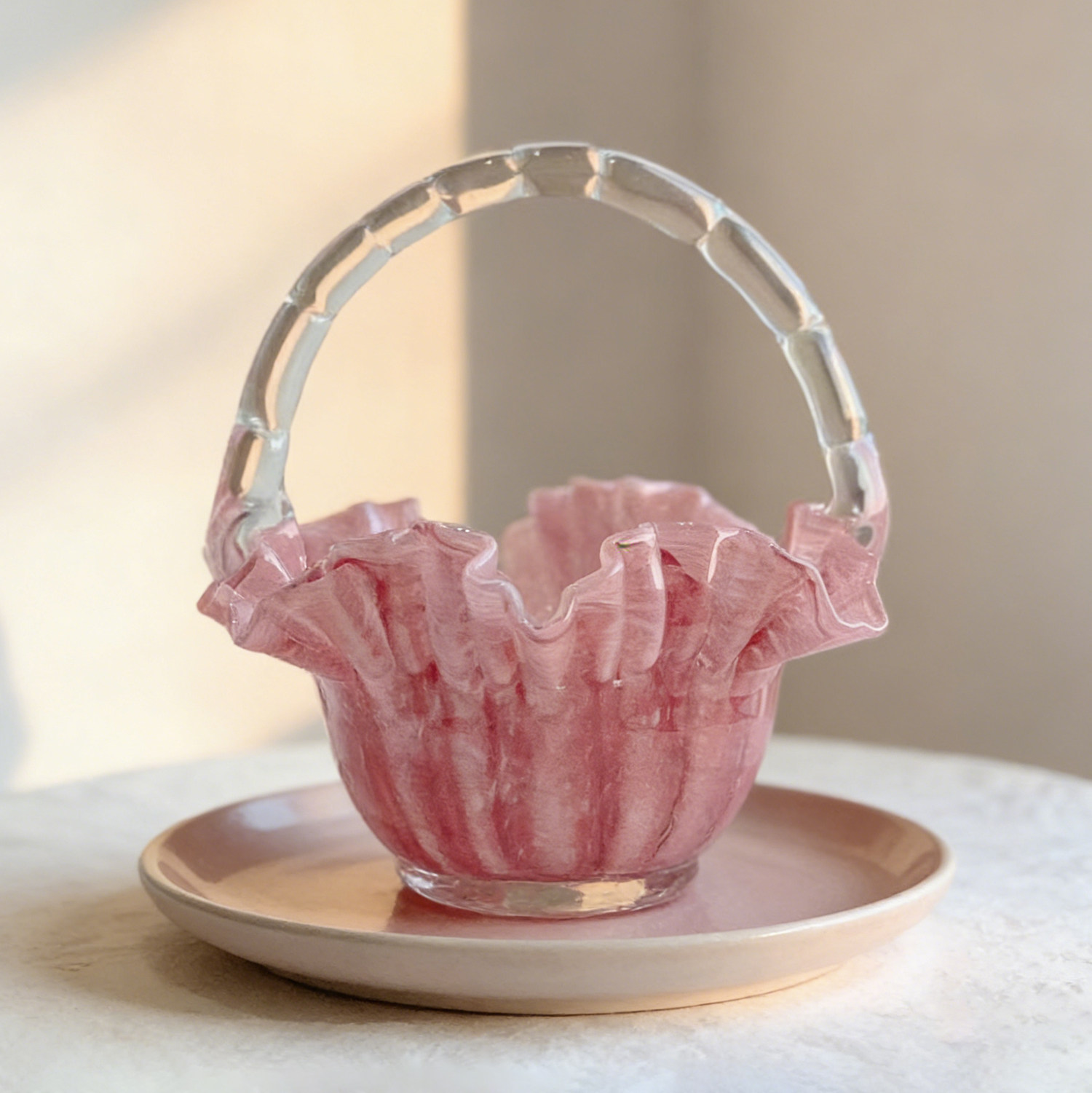 法式中古粉色花边玻璃褶皱裙边小提篮果盘家居艺术样板间装饰摆件,家居饰品,桌面摆件,淘宝优惠券,粉丝福利购,淘宝优惠卷