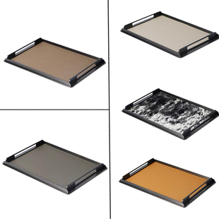 简约轻奢长方形金属皮革马毛托盘样板间茶几皮质收纳盘装 饰品摆件
