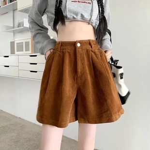 高腰外穿显瘦小个子休闲靴裤 胖mm阔脚裤 女2022秋冬大码 灯芯绒短裤