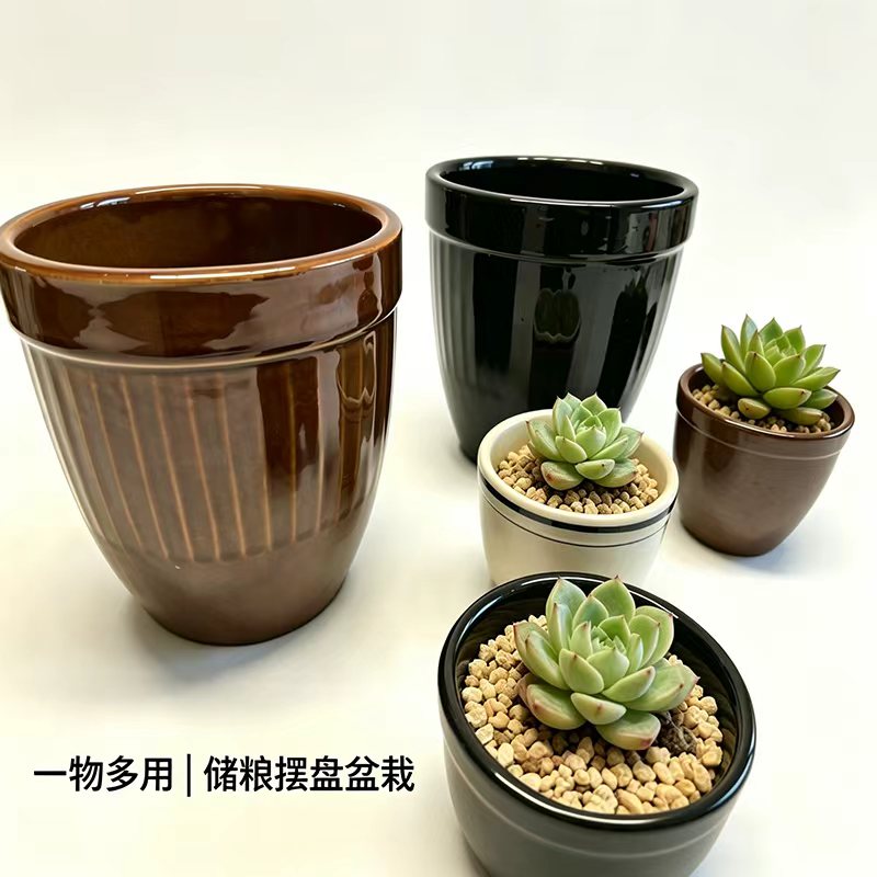农家粗陶土瓷小水缸复古储物土陶餐具调料罐盛饭菜特色小摆件腌菜