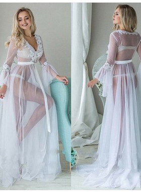 白色性感飘逸开襟长裙 小拖尾沙滩显瘦超仙连衣纱裙weddind dress