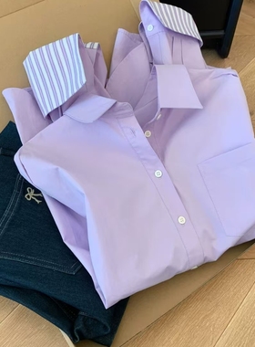 2025春季新款纯色衬衫休闲女设计感外套紫色条纹拼接POLO长袖衬衣