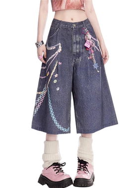 彩色链条印花时尚新款牛仔短裤女蓝色休闲阔腿裤美式辣妹七分裤潮