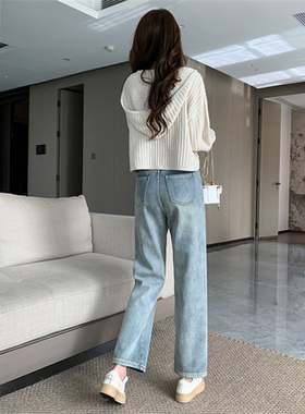牛仔裤女小个子高腰直筒ins风显高浅色百搭窄版韩版外穿阔腿裤子