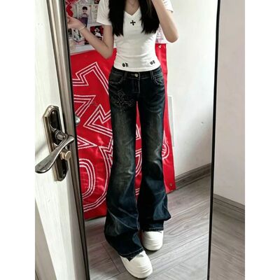 美式y2k复古水洗铆钉微喇裤子女高街辣妹显瘦弹力阔腿亚比牛仔裤