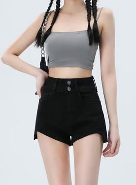 黑色辣妹高腰牛仔短裤女新款弹力双扣不规则显瘦小个子直筒热裤潮