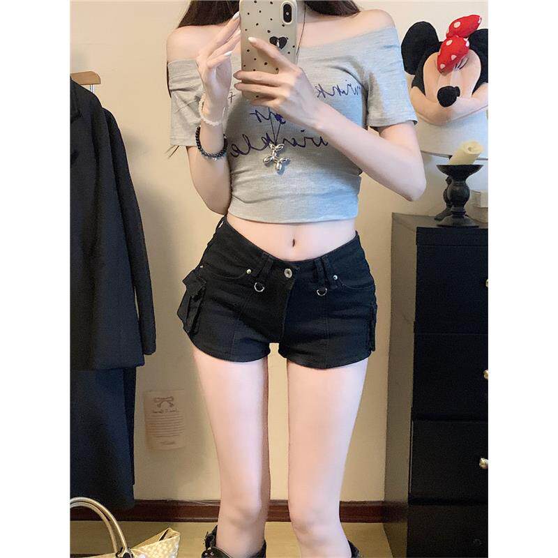美式辣妹低腰黑色牛仔短裤女胖mm紧身显瘦弹力a字工装包臀热裤子