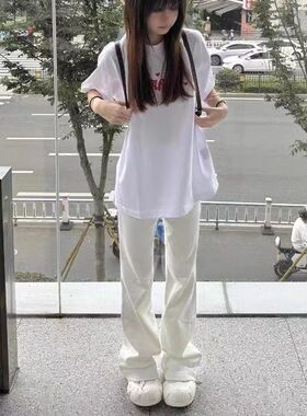 美式白色牛仔裤女小个子直筒新款设计感宽松高腰ins显瘦拖地裤子