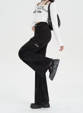 黑色复古新款喇叭高腰工装牛仔裤女辣妹口袋设计显瘦阔腿裤子马蹄