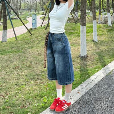 美式复古七分牛仔裤女设计感显瘦宽松7分小个子阔腿辣妹中短裤潮