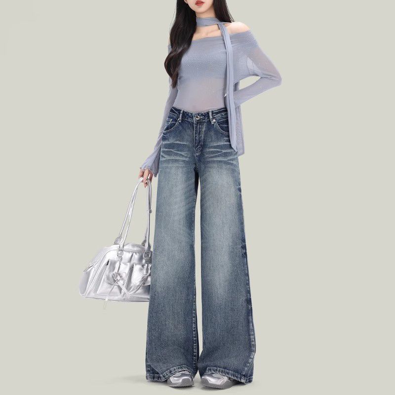 美式高腰阔腿牛仔裤女新款设计感宽松梨形垂感百搭复古水洗微喇裤