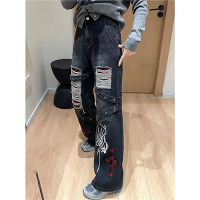 大码独特破洞牛仔裤女新款小众朋克风高街辣妹做旧水洗宽松阔腿裤
