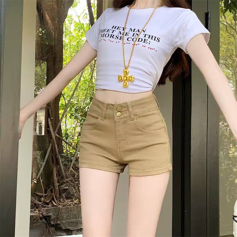 美式浅卡其牛仔短裤女新款ins风高腰辣妹紧身弹力慵懒显瘦热裤子