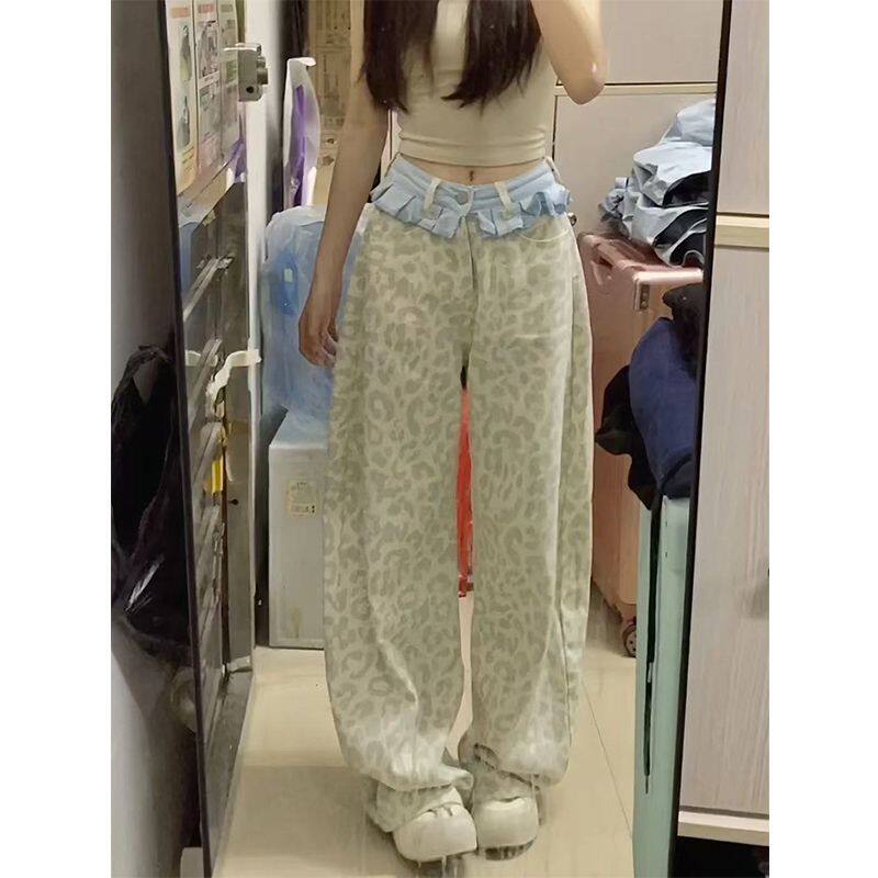 美式辣妹小裙摆撞色拼接直筒牛仔牛仔裤